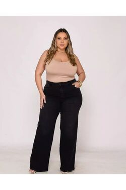 Calça Wide Leg Plus Size Jeans Preto Shyros