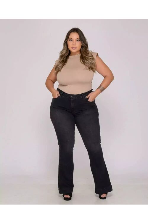 Calça Flare Plus Size Jeans Preto Shyros
