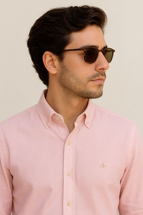 Camisa Maquinetada MC Botão na Gola Rosa Caw