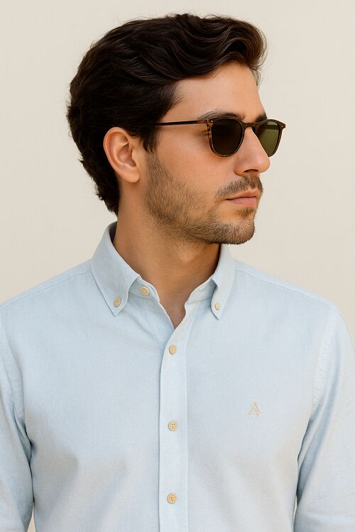 Camisa Maquinetada MC Botão na Gola Azul Caw