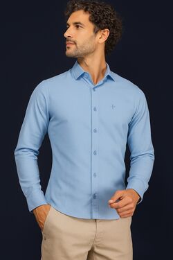 Camisa Masculina Tricoline Slim Ml Azul Caw