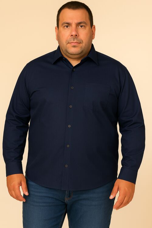 Camisa de Tricoline Plus Size Ml Marinho  Caw