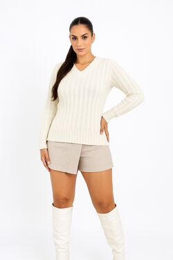 Blusa Malha Gola V Tranças Slim Off White Jaú