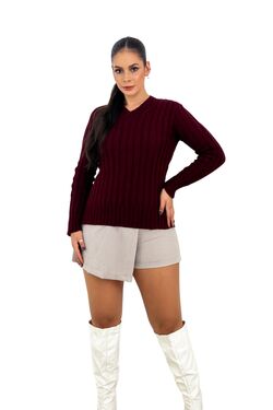 Blusa Malha Gola V Tranças Slim Vinho Jaú