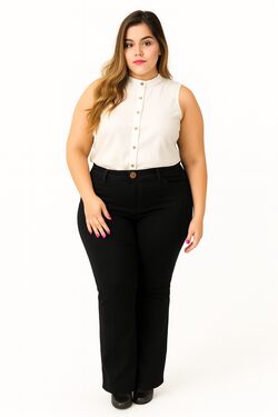 Calça Flare em Sarja Preta Muito Mais – Cintura Alta