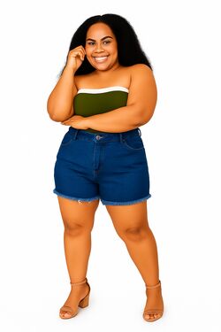 Shorts Jeans Escuro Veste Até 52 – Muito Mais – Barra Desfiada