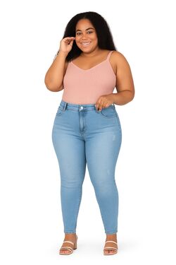 Calça Skinny Jeans Destroyer Veste Até 56 – Muito Mais – Blue com Lavagem