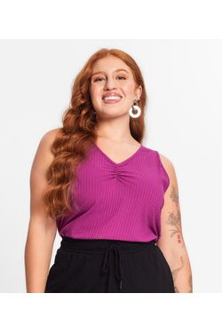 Regata Plus Size Secret Glam Canelada com Franzido no Decote – Viscose com Elastano - 52415