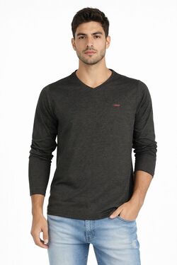 Camiseta Masculina Slim Manga Longa Six One Preta Mescla – Gola V com Ribana