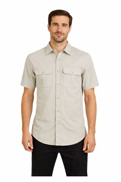 Camisa Masculina Sarja Manga Curta Areia - R Sete - Dois Bolsos