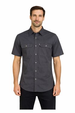 Camisa Masculina Sarja Manga Curta Cinza - R Sete - Dois Bolsos