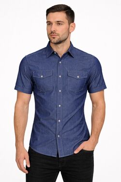 Camisa Jeans Masculina Manga Curta Slim ao Plus Size R Sete com Dois Bolsos