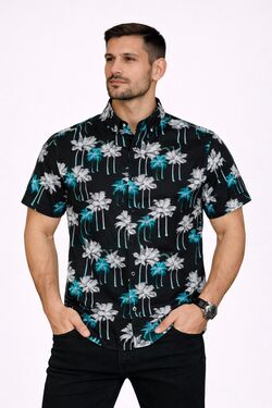Camisa Masculina Viscose Estampada Manga Curta Preta Rovitex