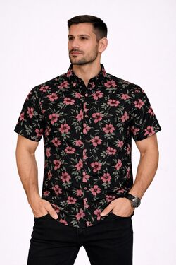 Camisa Masculina Viscose Estampada Manga Curta Preta Rovitex