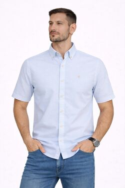 Camisa Masculina Slim Maquinetada Azul Manga Curta com Botão na Gola Caw