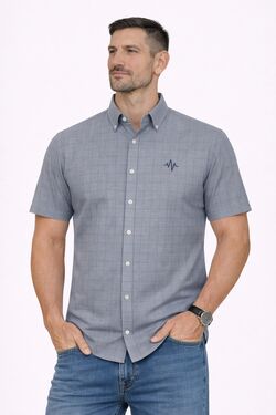 Camisa Masculina Tricoline Quadriculada Cinza Manga Curta Regular Caw