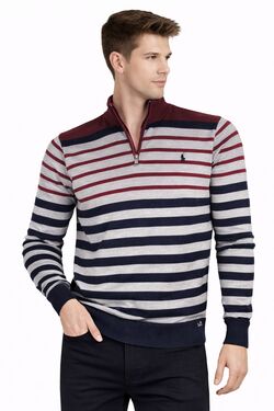 Blusa Masculina Tricot Listrada com Zíper Polo Club Vinho Marinho