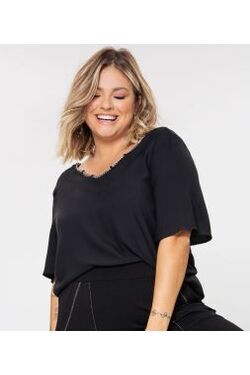 Blusa Plus Size Lisa Rovitex em Viscose com Detalhe em Corda no Decote