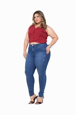 Calça Jeans Skinny Plus Size Destroyed Azul CRD com Elastano