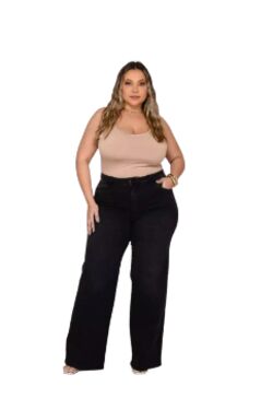 6 - Calça Jeans Wide Leg Plus Size Preta Shyros com Elastano - 54098