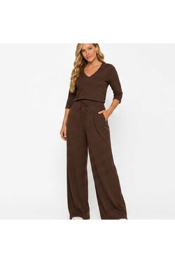 4 - Conjunto Canelado Wide Leg Plus Size Feminino com Blusa Decote V Manga 3/4 – Preto e Café