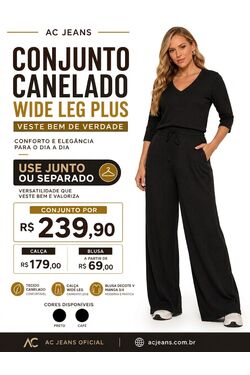 4 - Conjunto Canelado Wide Leg Plus Size Feminino com Blusa Decote V Manga 3/4 – Preto e Café - 54466