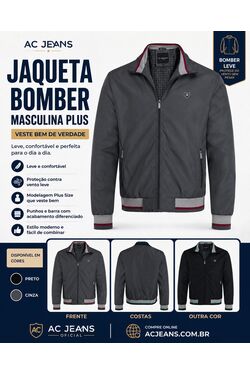 Jaqueta Bomber Masculina Plus Size Enrico Rossi Leve com Zíper Preto e Cinza - 54467