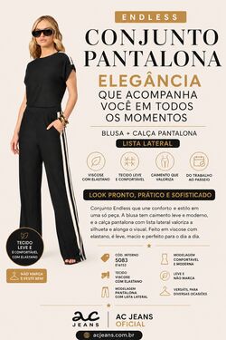 7 - Conjunto Feminino Endless Pantalona com Faixa Lateral em Viscose com Elastano – Elegante  - 54469
