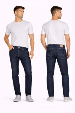 Calça Jeans Masculina Slim Wrangler Larston Azul Escuro Gancho Médio Perna Ajustada