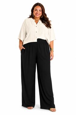 Calça Pantalona Plus Size Feminina Secret Glam Preta em Tecido Favo com Viscose 