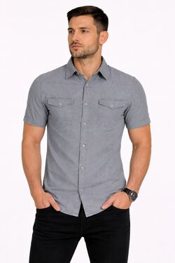 Camisa Masculina Jeans Leve Manga Curta R Sete Slim Plus Size 100% Algodão Cinza