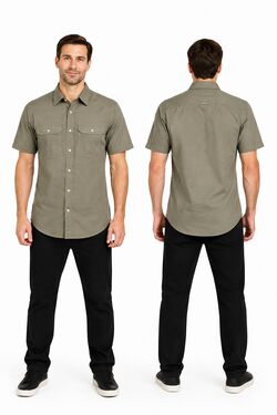 Camisa Masculina Sarja Manga Curta R Sete Slim Plus Size 2 Bolsos Caqui