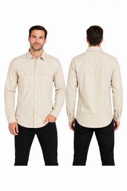 Camisa Masculina Sarja Manga Longa R Sete Slim ao Plus Size 2 Bolsos Areia
