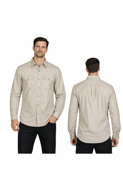 Camisa Masculina Sarja Manga Longa R Sete Slim ao Plus Size 2 Bolsos Areia - 54796